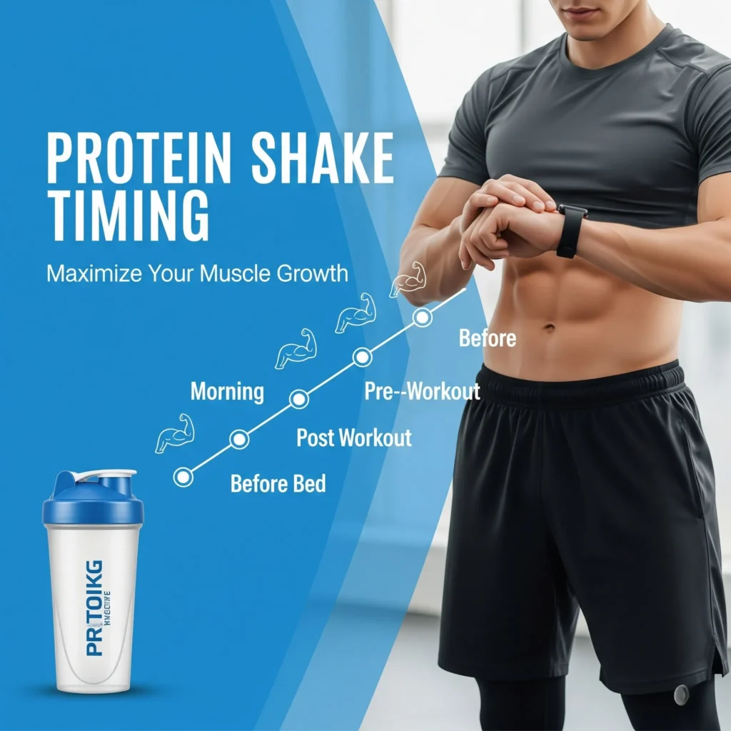 A fitness enthusiast checking a smartwatch next to a protein shaker, with a timeline graphic showing optimal protein intake times (morning, pre-workout, post-workout, before bed) and muscle growth icons, on a bright blue and white background. Text overlay reads "PROTEIN SHAKE TIMING: Maximize Your Muscle Growth