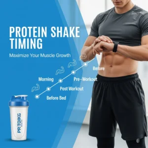 A fitness enthusiast checking a smartwatch next to a protein shaker, with a timeline graphic showing optimal protein intake times (morning, pre-workout, post-workout, before bed) and muscle growth icons, on a bright blue and white background. Text overlay reads "PROTEIN SHAKE TIMING: Maximize Your Muscle Growth