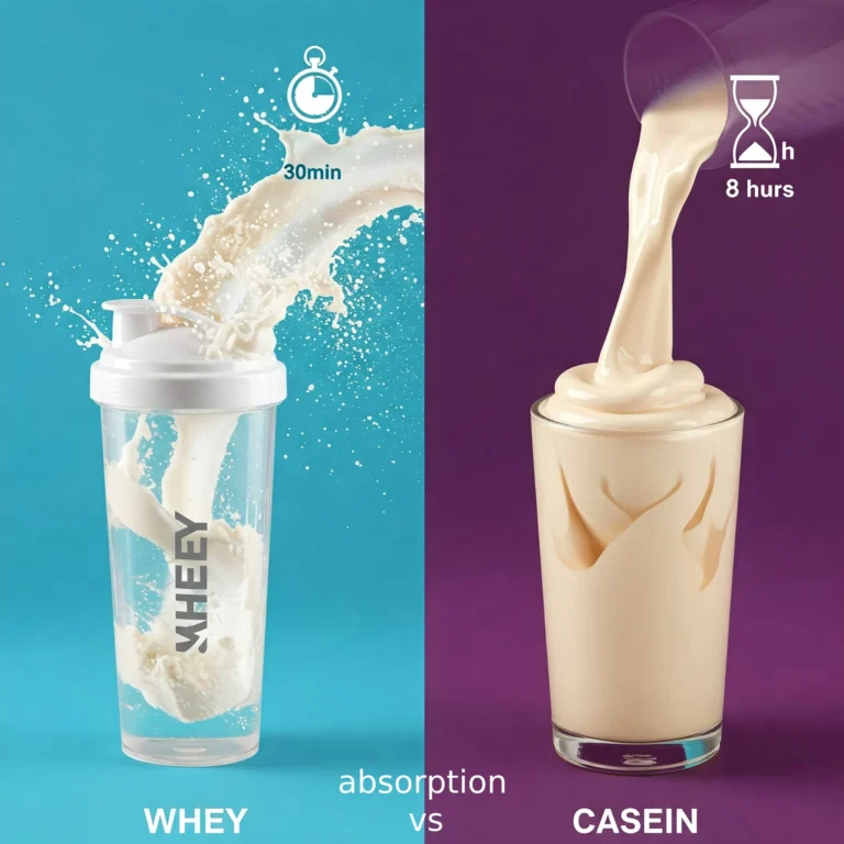 Split-screen image comparing whey and casein protein supplements. Whey protein on the left is shown mixing with water, with a stopwatch icon indicating fast absorption. Casein protein on the right is shown pouring into a glass, with an hourglass icon indicating slow digestion.