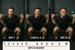 Athlete performing barbell squats at three different effort levels demonstrating the RPE scale in strength training