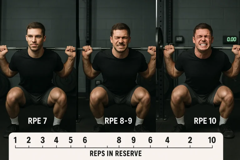 Athlete performing barbell squats at three different effort levels demonstrating the RPE scale in strength training