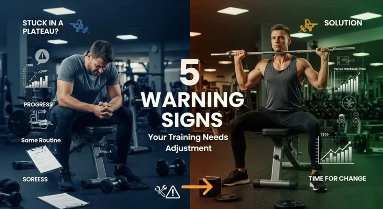 Split screen comparison showing frustrated lifter with stalled progress versus confident lifter with effective hypertrophy training routine