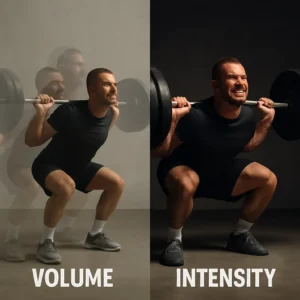 Split-screen image of an athlete performing squats, showing the contrast between high-volume and high-intensity training