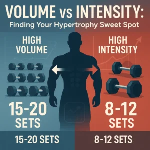 A split-screen fitness infographic showing the difference between high volume (15–20 sets with moderate-weight dumbbells) and high intensity (8–12 sets with heavy dumbbells), with a muscular silhouette in the center and muscle growth charts in the background.