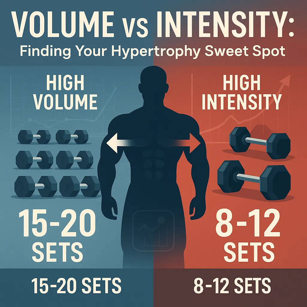 A split-screen fitness infographic showing the difference between high volume (15–20 sets with moderate-weight dumbbells) and high intensity (8–12 sets with heavy dumbbells), with a muscular silhouette in the center and muscle growth charts in the background.