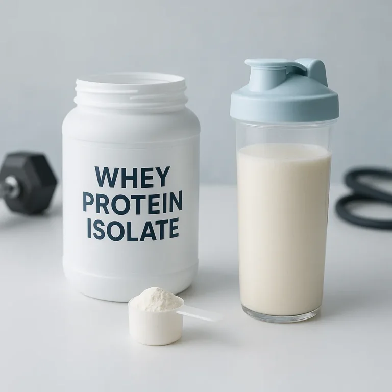 Open white jar of whey protein isolate beside a clear shaker with a creamy shake, a scoop of powder in front, and blurred gym equipment in the background on a light blue surface.