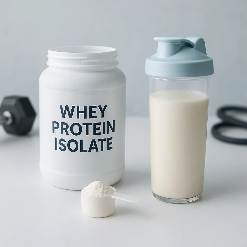 Open white jar of whey protein isolate beside a clear shaker with a creamy shake, a scoop of powder in front, and blurred gym equipment in the background on a light blue surface.