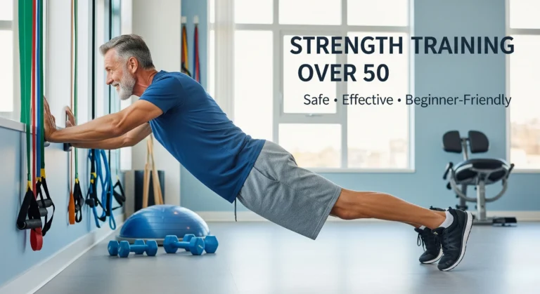 A fit person in their 50s demonstrating proper form while doing a wall push-up exercise in a bright, clean workout space, showing safe strength training techniques for beginners over 50