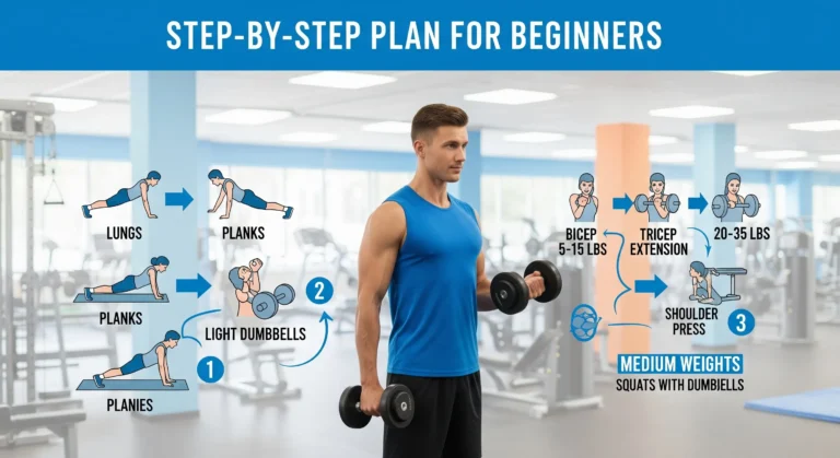 Beginner demonstrating proper dumbbell form in a well-lit gym setting with step-by-step progression equipment visible, including light weights progressing to heavier ones