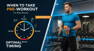 Split screen image showing a clock with timing markers and athletic person holding pre-workout supplement, illustrating optimal pre-workout timing of 15-45 minutes before exercise