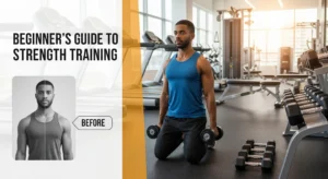 A confident beginner performing a bodyweight squat in a bright, welcoming gym environment with dumbbells of various weights nearby, representing the progressive journey of strength training