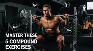 Fitness instructor demonstrating proper form for 5 essential compound exercises including squat, deadlift, bench press, overhead press and bent-over row in modern gym setting