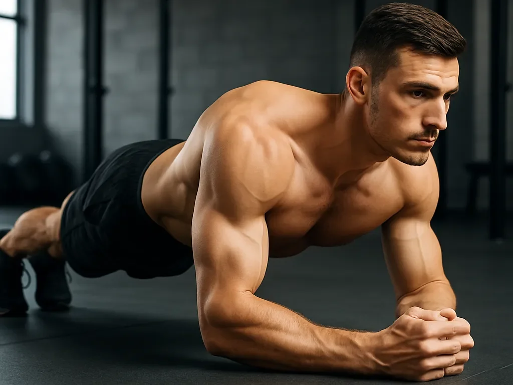 professional_fitness_model_plank_modern_gym Athletic man performing a perfect plank in a modern gym, showcasing proper form and muscle definition under professional lighting.