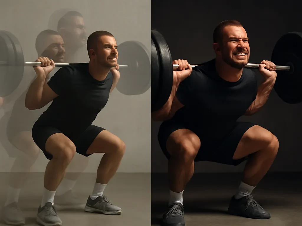 training-volume-vs-intensity-comparison Split-screen image of an athlete performing squats, showing the contrast between high-volume and high-intensity training