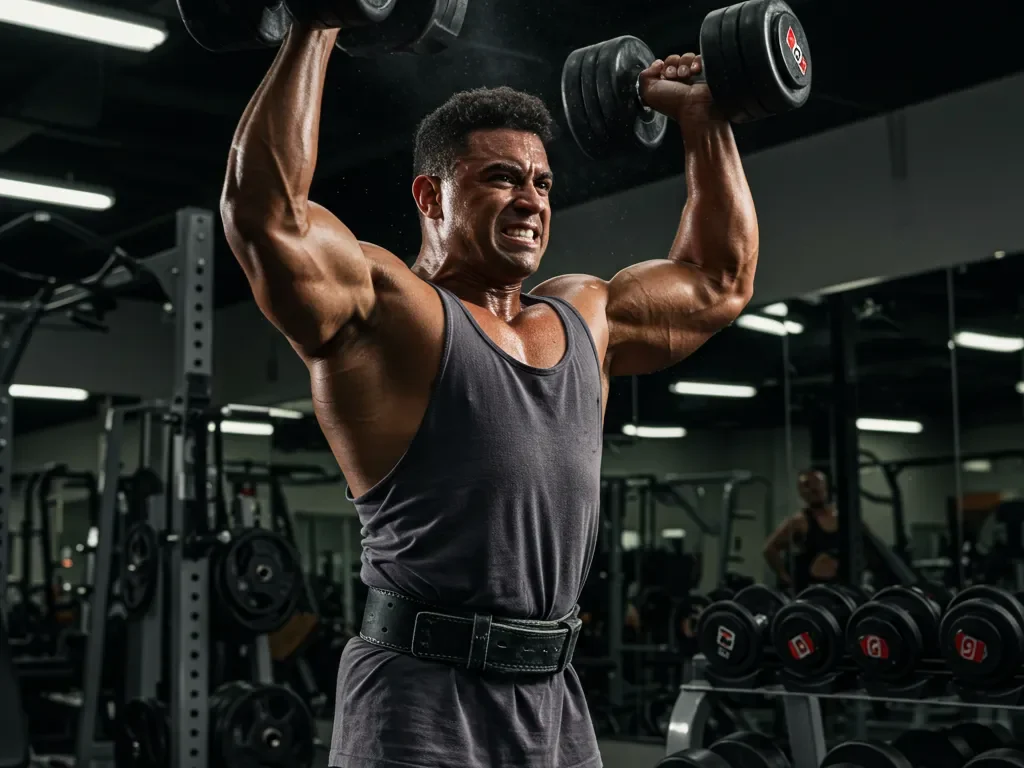 Muscular athlete nearing failure on dumbbell shoulder press with lighter dumbbells staged for a drop set.